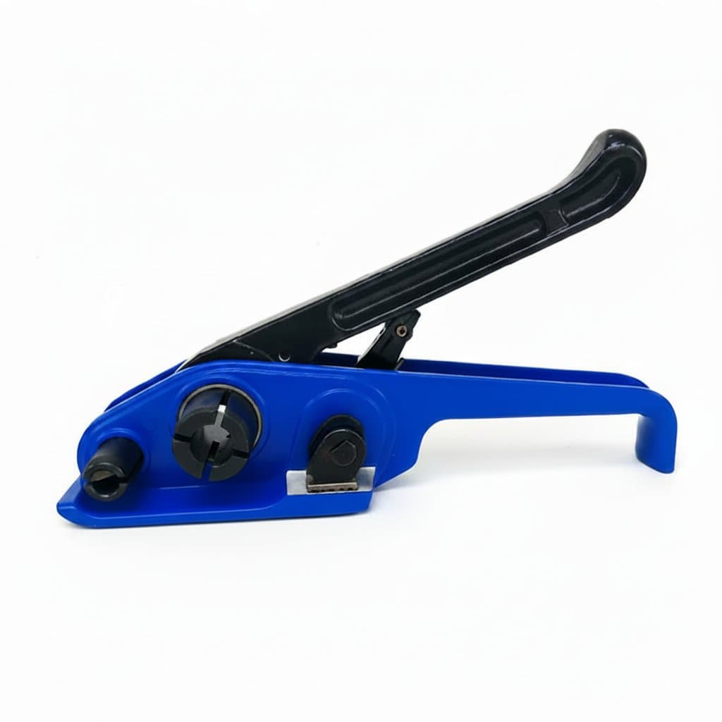 Professional manual strapping tool set for 16-19mm PET and PP plastic or steel straps, includes tensioner and sealer for secure pallet packaging.