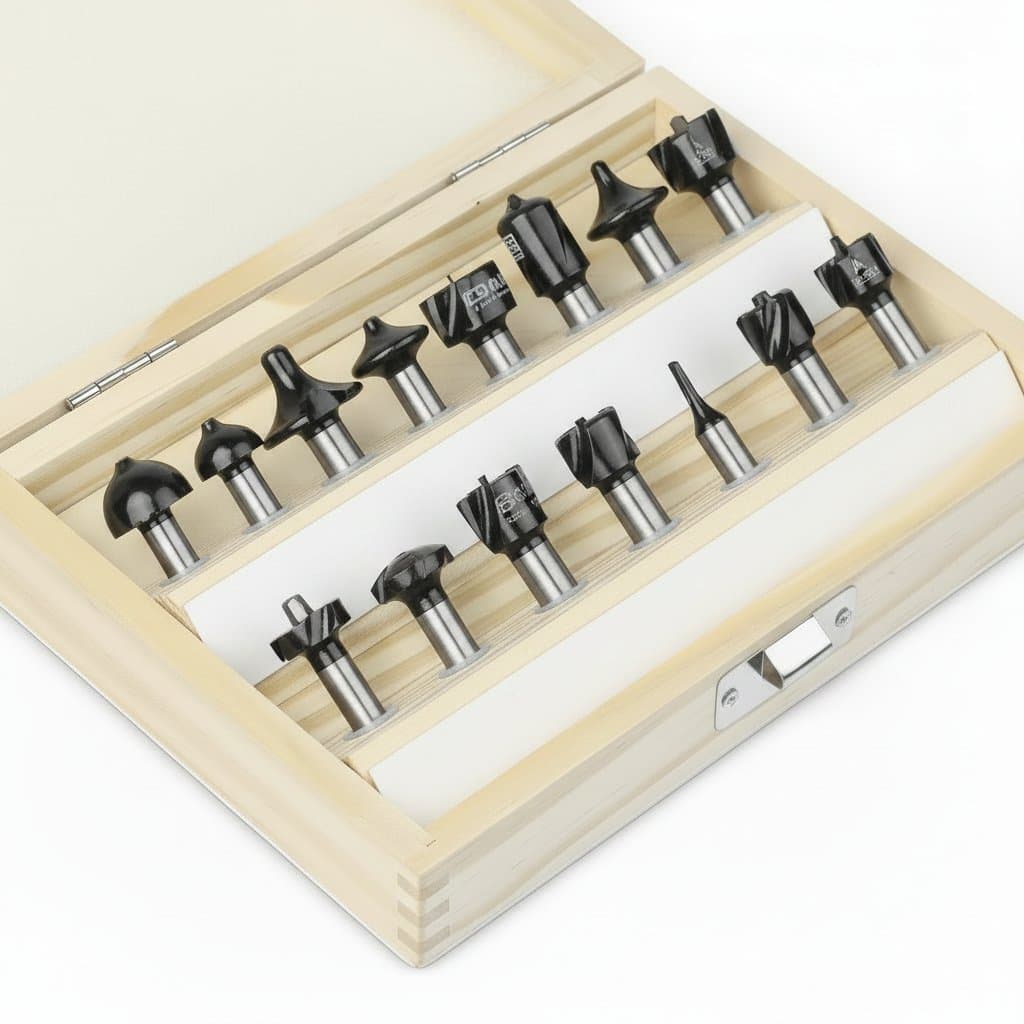 15-piece 8mm shank router bit set with trimming and straight milling cutters for versatile woodworking tasks.