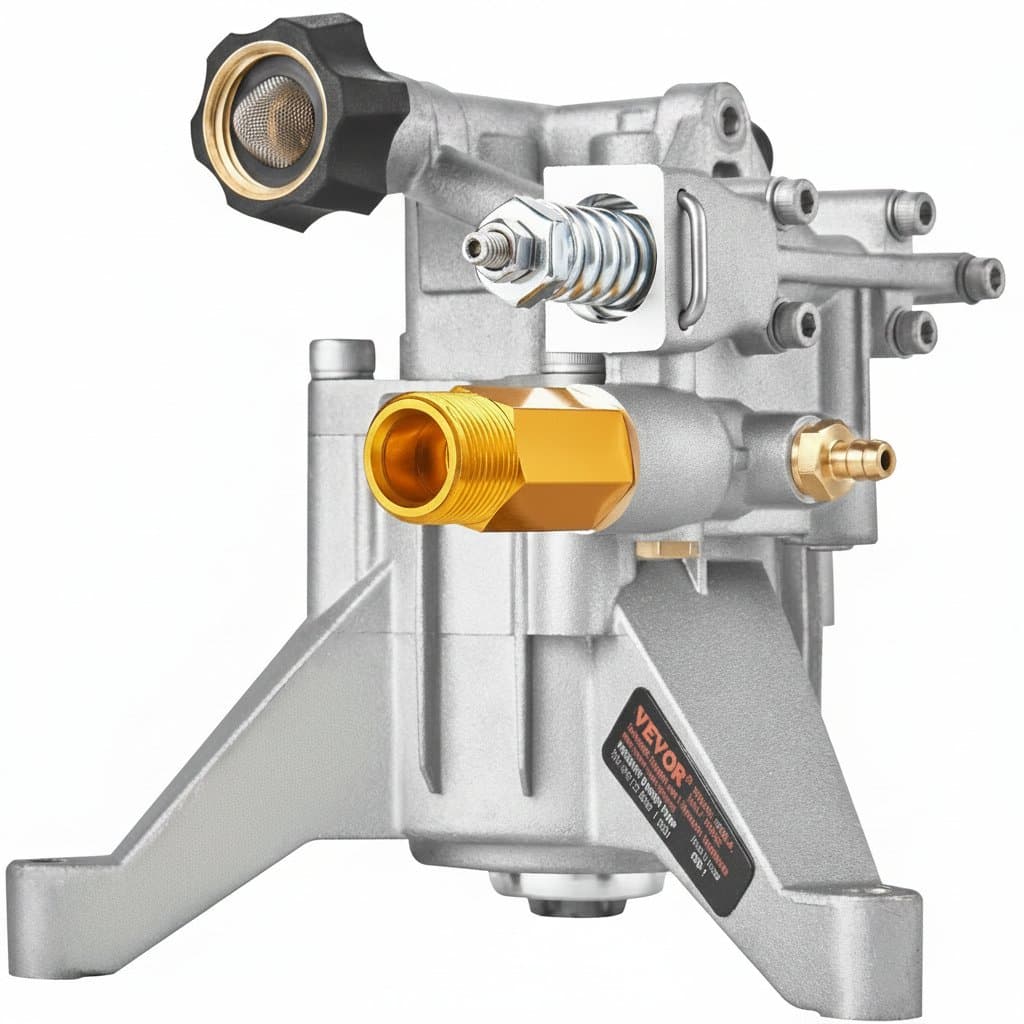 SucceBuy pressure washer pump with 7/8-inch connection, featuring a durable metal housing and fittings for high-pressure water systems.