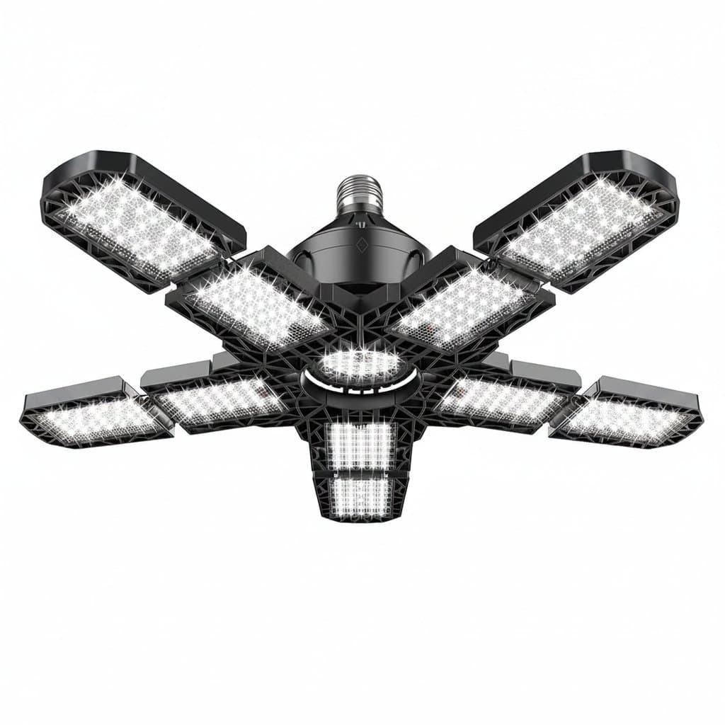 LED Garage Light with 7+1 adjustable panels, 150W 6500K daylight for bright workshop and industrial ceiling lighting.