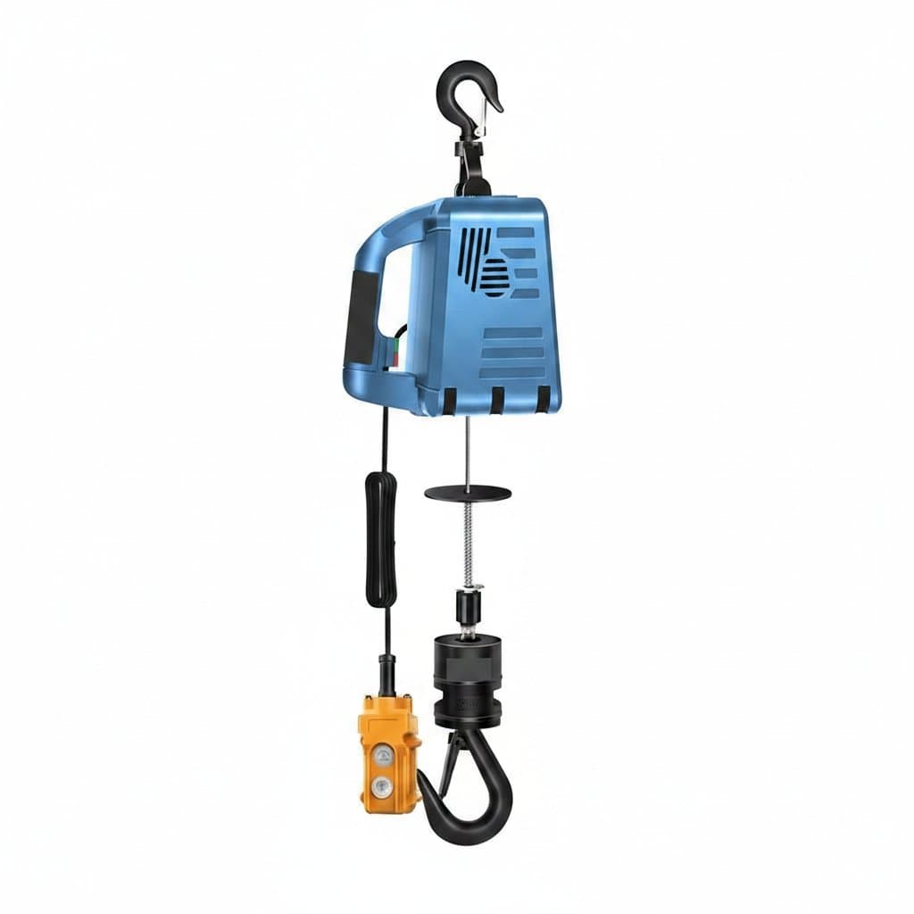 Portable electric winch hoist with 500KG capacity for lifting and pulling, featuring 220V/110V dual voltage and compact design for home or shop use.