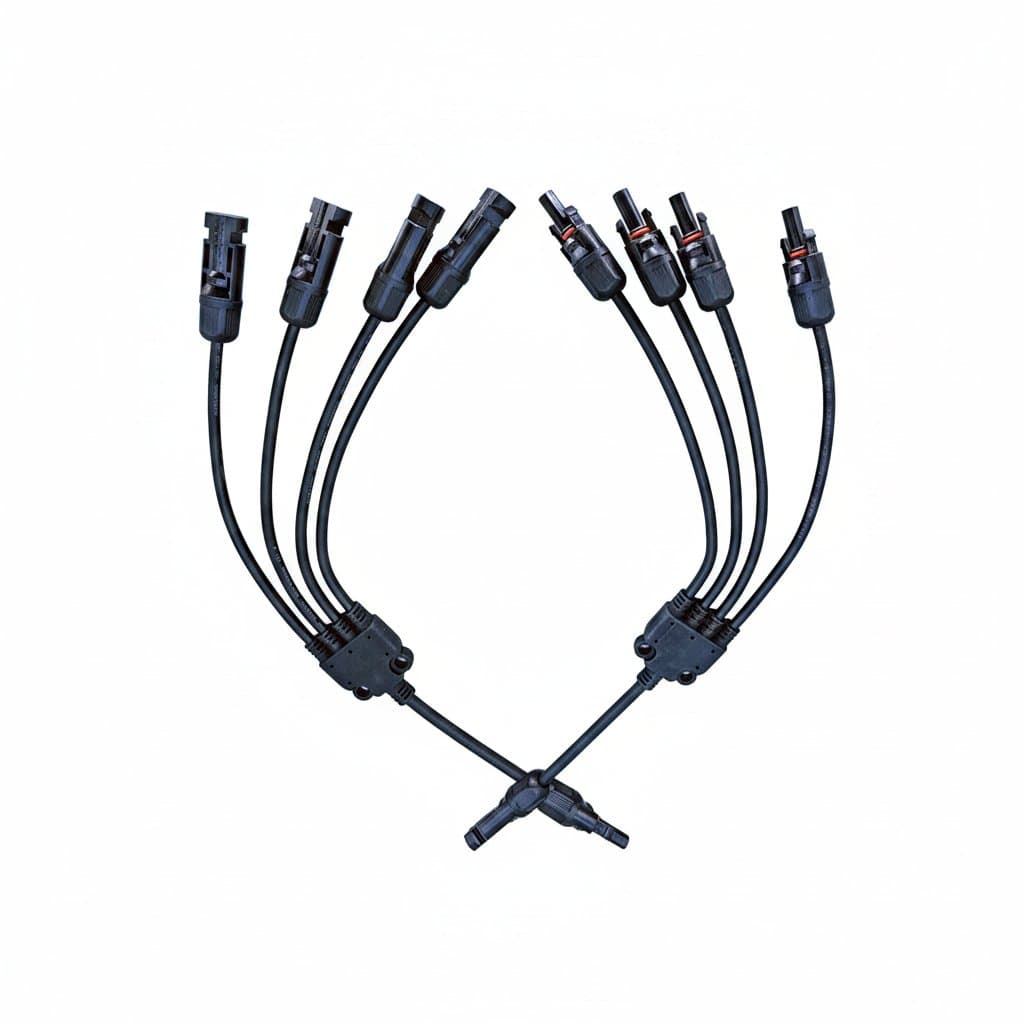 Solar panel Y branch adapter connector with 1 male to 4 female ports for efficient photovoltaic cable splitting and connection.
