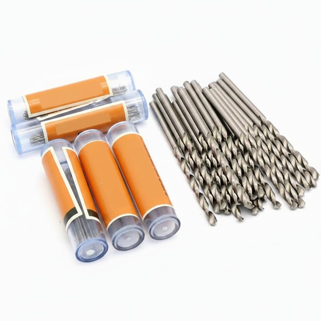 Set of 10 W6542 HSS mini straight shank drill bits from 0.2mm to 5.2mm, suitable for stainless steel and wood drilling.