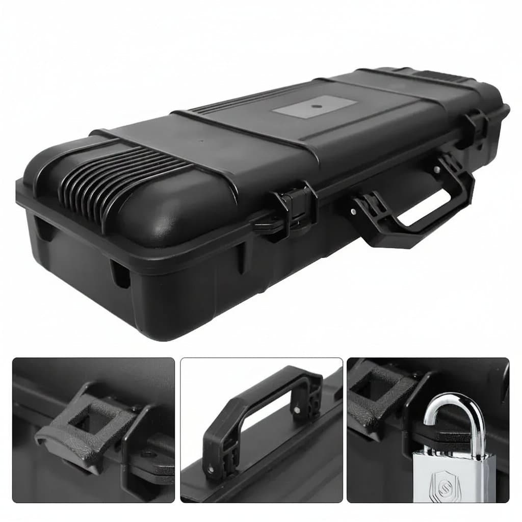 Water-repellent hard carry tool case with sealed, shockproof design, featuring sponge inserts for organizing and protecting cameras or instruments.