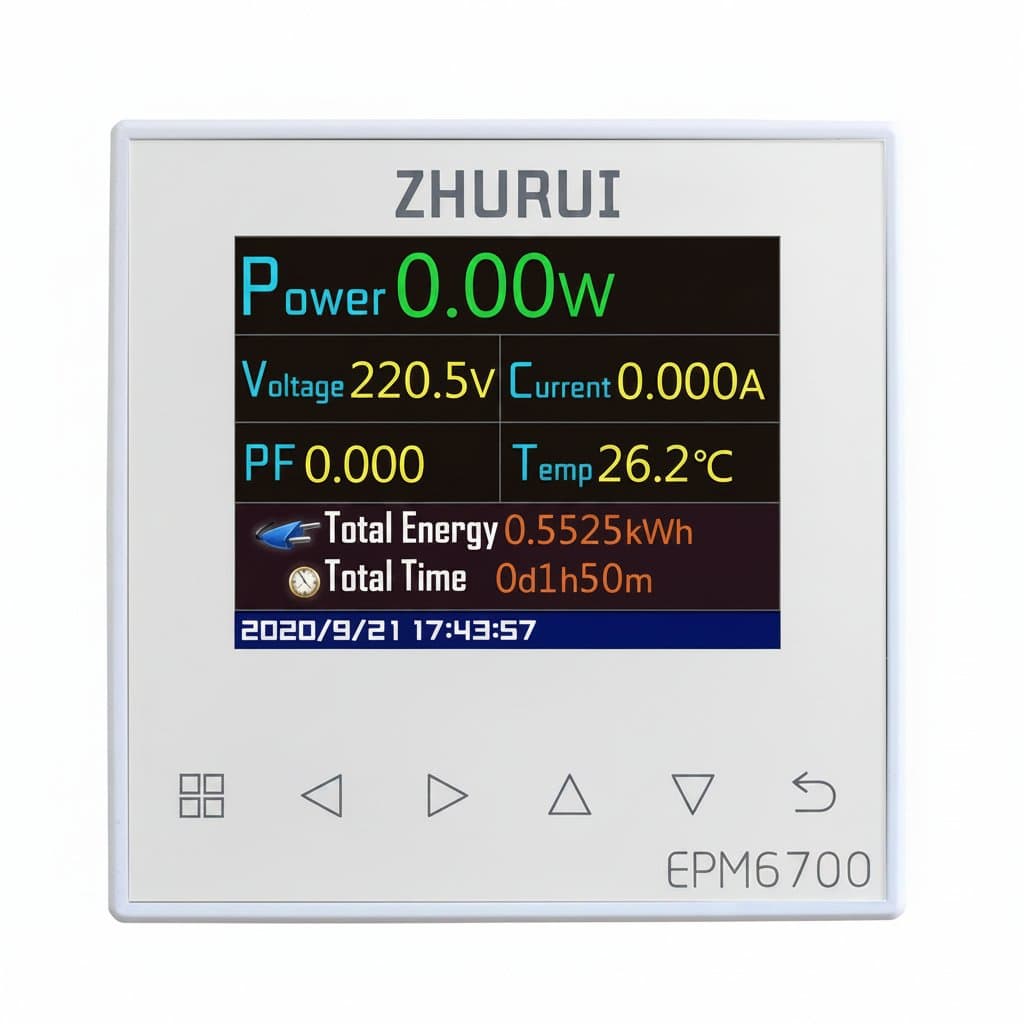 EPM6700 AC Energy Power Meter with 60A transformer for home energy monitoring, showing digital display and temperature sensor.