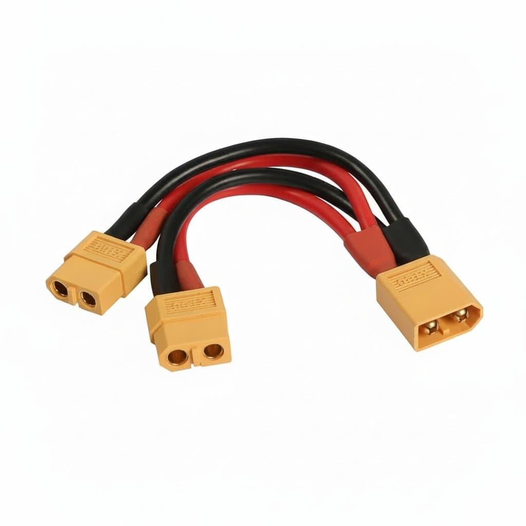 XT60 Parallel Battery Connector Cable, a 14AWG Y splitter with one female and two male plugs for RC quadcopter power distribution.