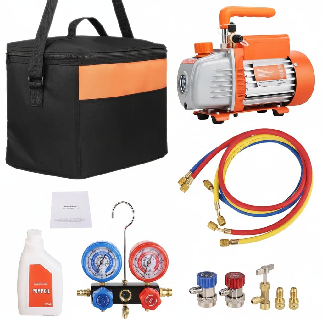 SucceBuy single-stage rotary vane vacuum pump with 3.5-4CFM capacity, includes manifold gauge set for HVAC and air conditioning refrigerant work.