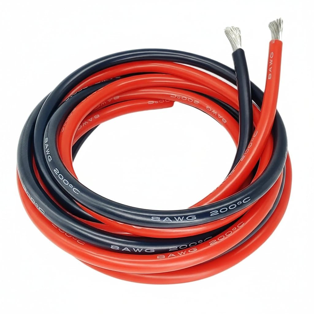 Red and black silicone insulated solar panel and automotive battery cable in various AWG gauges from 24 to 4, heat resistant and flexible.