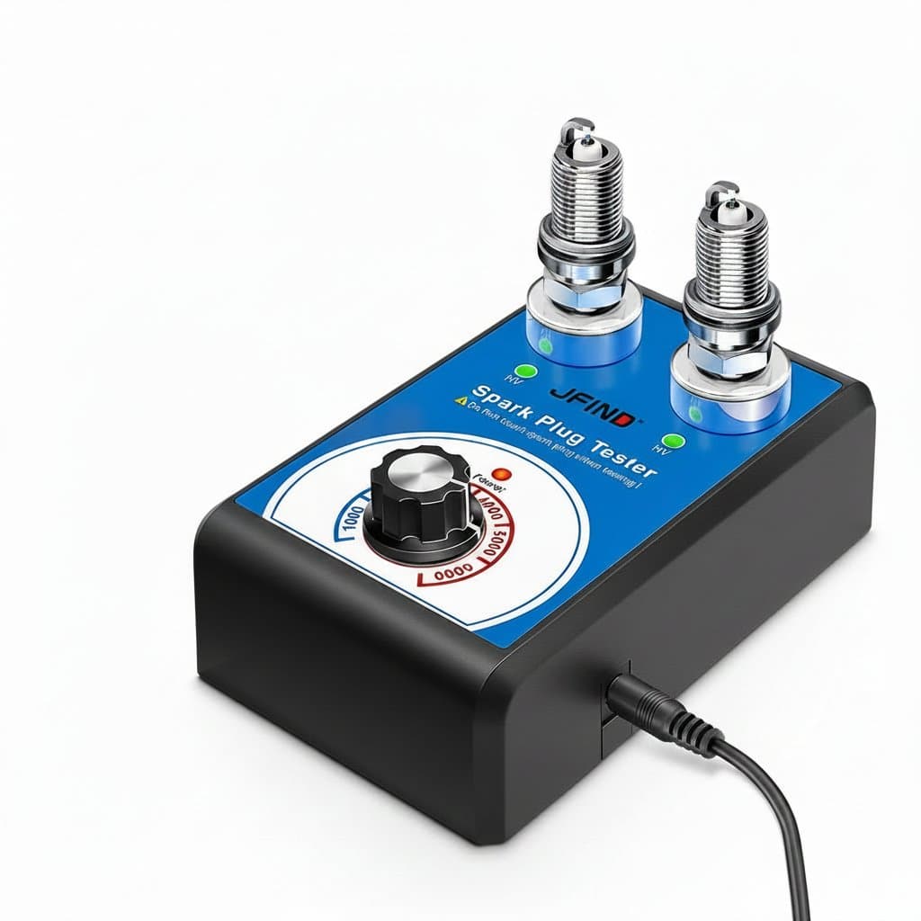 Double-hole spark plug tester with 12V power, designed to check ignition spark and detect engine misfires up to 6000 RPM.