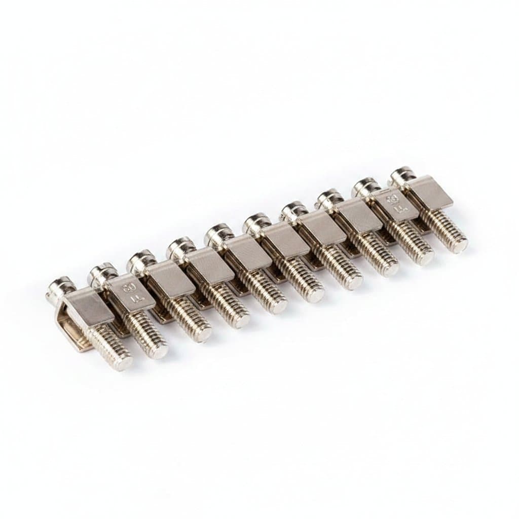 FBI 10-8 Fixed Bridge Jumper for DIN Rail Terminal Blocks, a UK6 center contact electrical connector in silver metal.