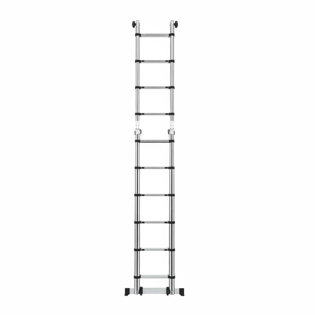 Portable telescoping A-frame ladder made of stainless steel, extends to 16.5 feet as an extension step ladder.