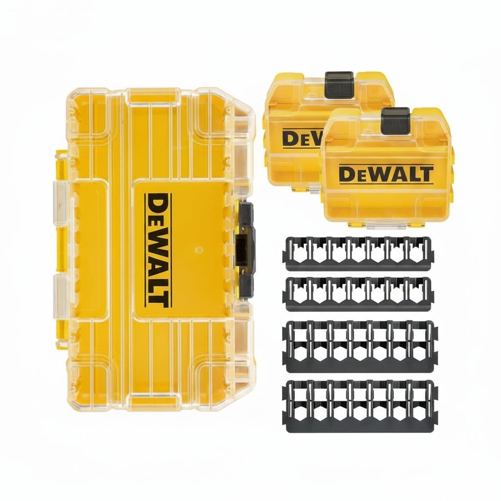DEWALT TSTAK small yellow storage box with bit holder, stackable design, and lockable features for drill bit and tool organization.