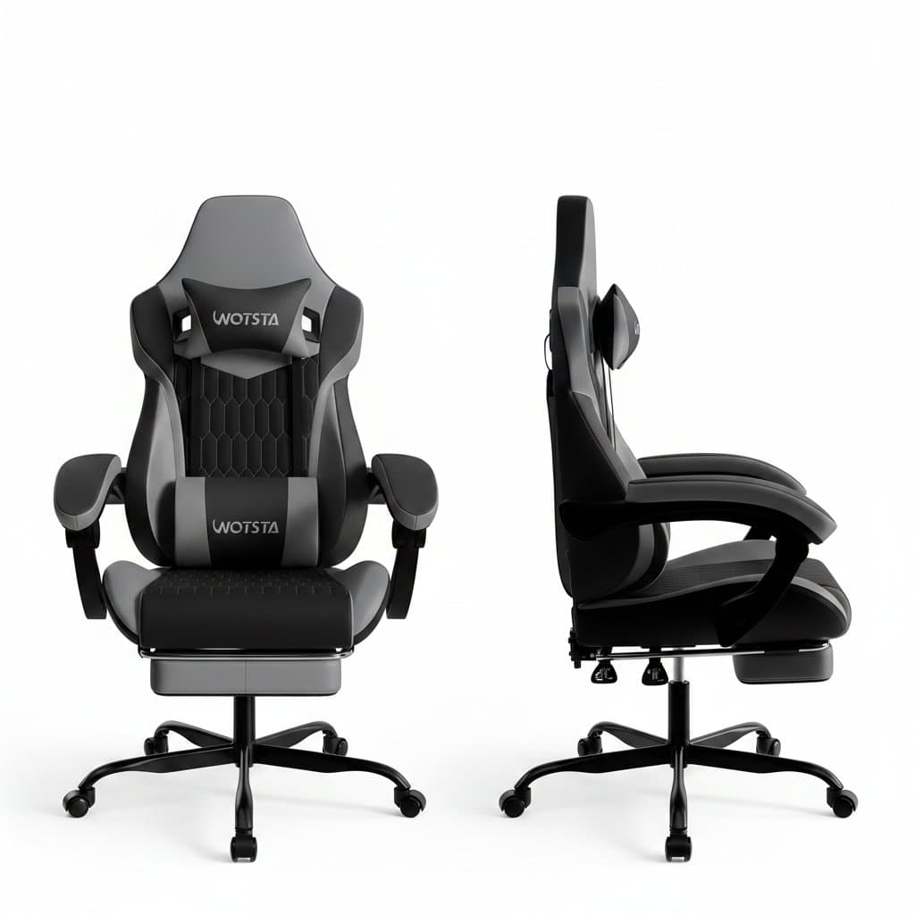 PVC leather gaming chair with adjustable headrest, lumbar support, and retractable footrest for ergonomic comfort during extended gaming sessions.