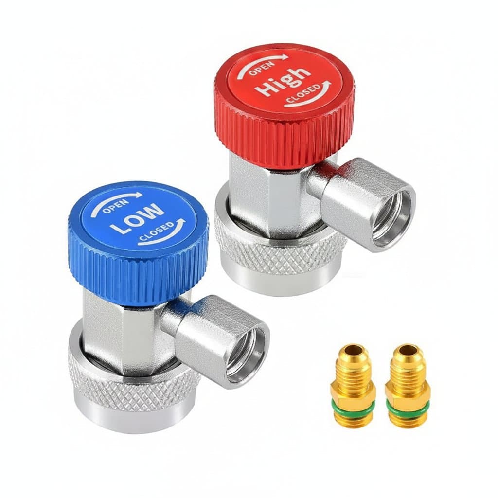 Adjustable R134A adapter fittings, essential components for a car ac recharge kit, ensuring secure connections.