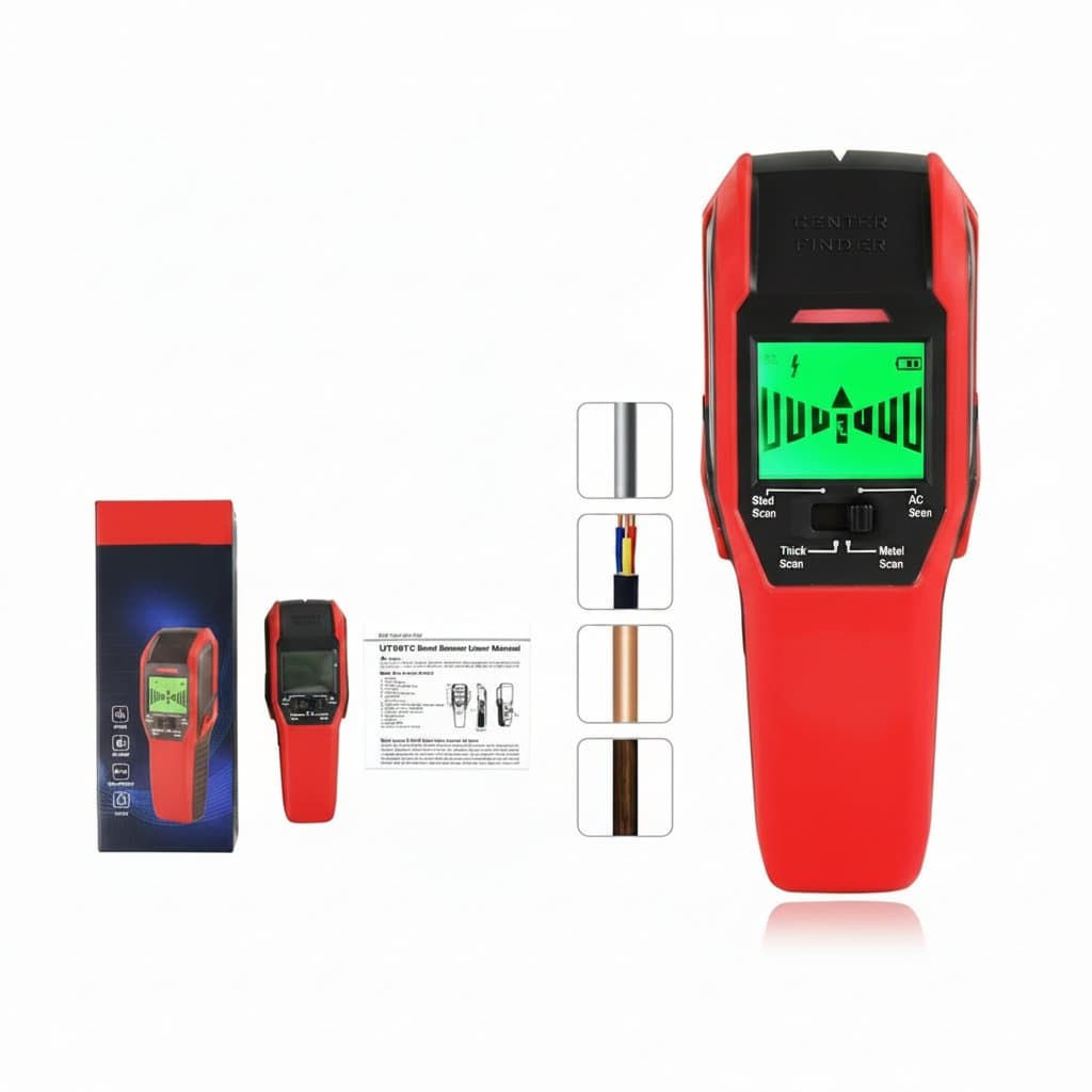 UNI-T UT387C Stud Finder collage with product shots, text, and certification logos.