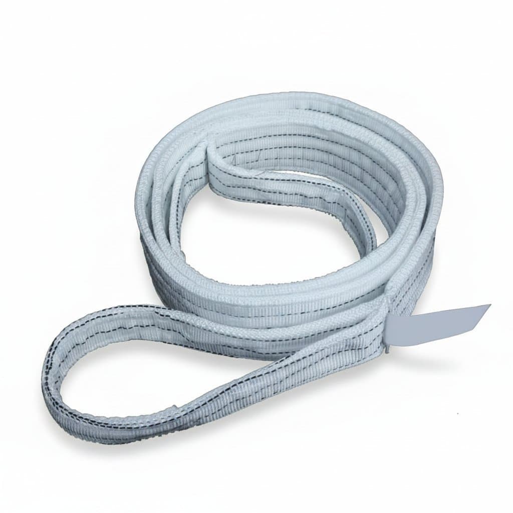 Premium white industrial flat eye sling belt with double ring reinforcement, designed for lifting 1 to 3 tons with durable crane tools.