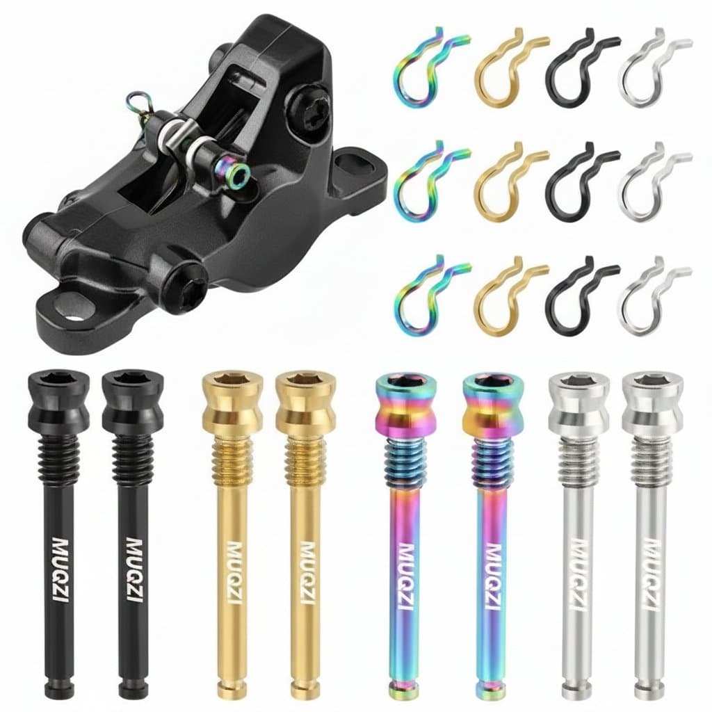 Lightweight titanium bolts for bicycle disc brake calipers, including mounting screws and a fixing clip. Suitable for road and mountain bikes to reduce weight.
