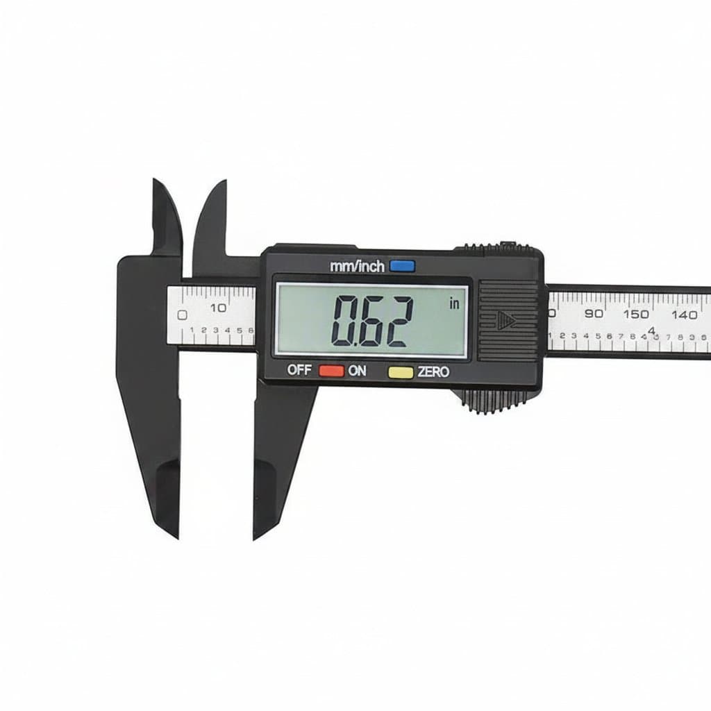 Digital caliper with carbon fiber body and LCD screen, measuring 0-150mm / 0-6 inches with high precision for engineering and machining.