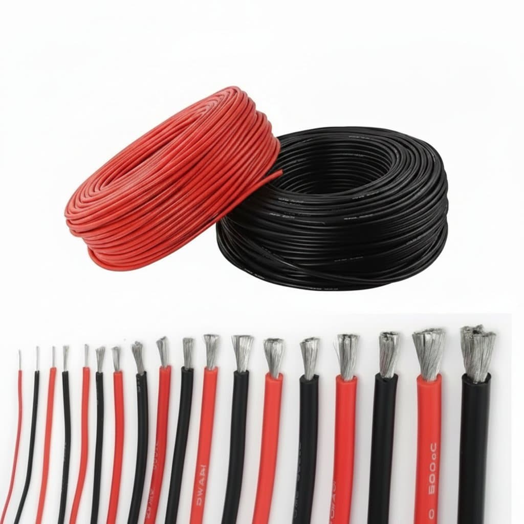 Black and red flexible silicone wire set from 10 to 1 AWG, ideal for battery car inverters and high-current electrical projects.