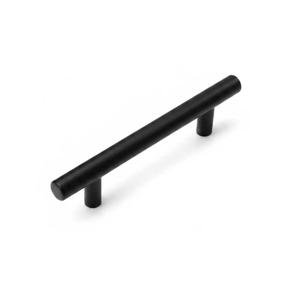 Four-piece set of modern stainless steel T-shaped handles in black finish, suitable for cabinets, drawers, and furniture.