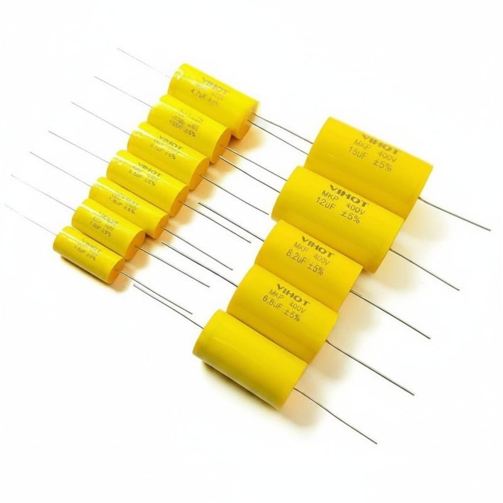 5PCS 400V/630V MKP axial film capacitors for speaker crossovers, yellow casing with stepless design, values 1.0 to 15UF.