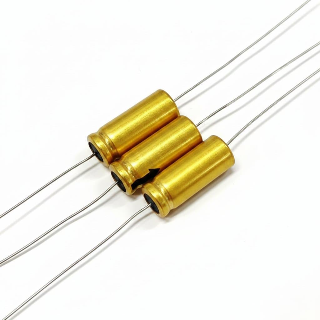 Premium gold shell axial capacitors set including 25V 47uF, 16V 220uF, and 25V 220uF values for audiophile and high-temperature 125°C applications.