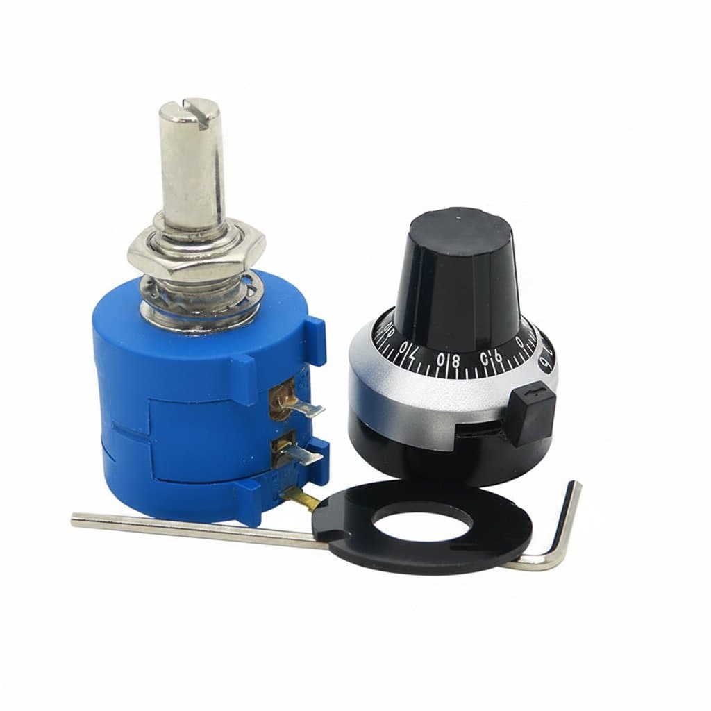 3590S precision multiturn potentiometer with 10-turn adjustable resistor and matching 6.35mm turns counting dial knob for accurate calibration.