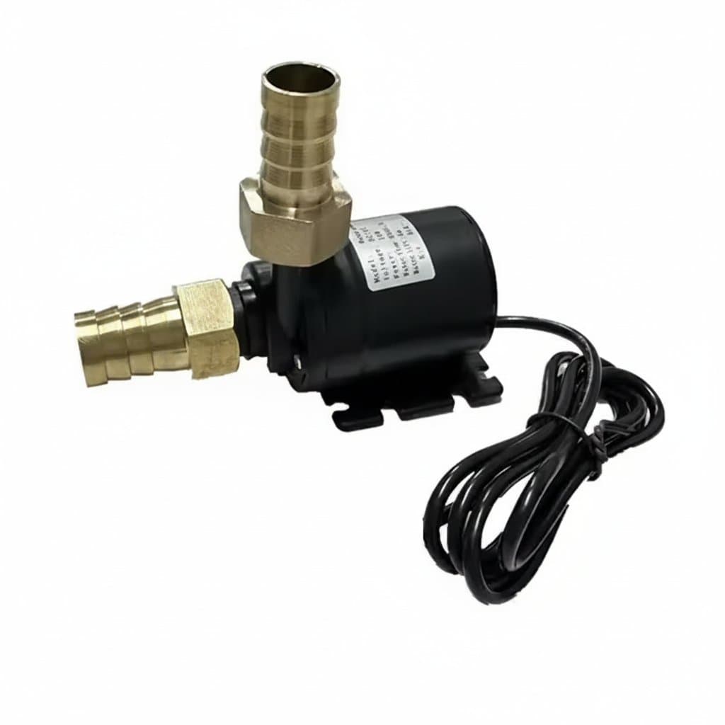 High-pressure solar water pump with brushless motor, 12V/24V DC operation, 800L/H flow rate, 5-meter lift capacity, and quick-break joint connection.