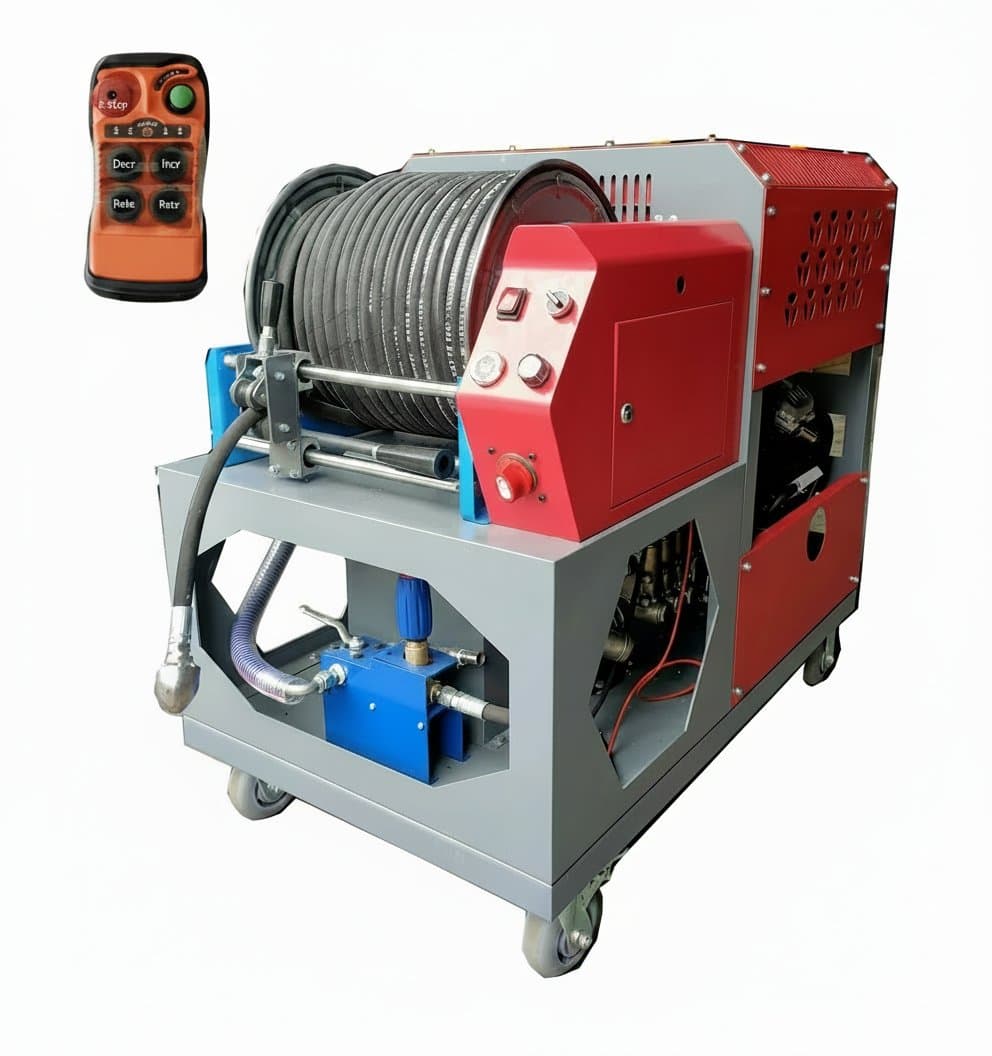 OEM high-pressure washer with 37HP engine, 85LPM flow rate, designed for sewer and drain cleaning with rotating jetter nozzles.