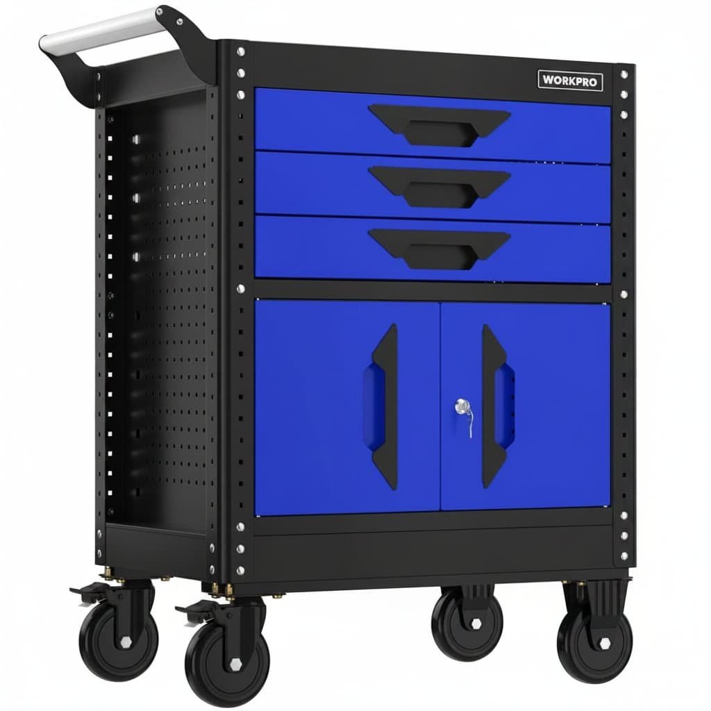 Portable 27.5-inch steel tool chest with three drawers, locking mechanism, and wheels for garage mobility.