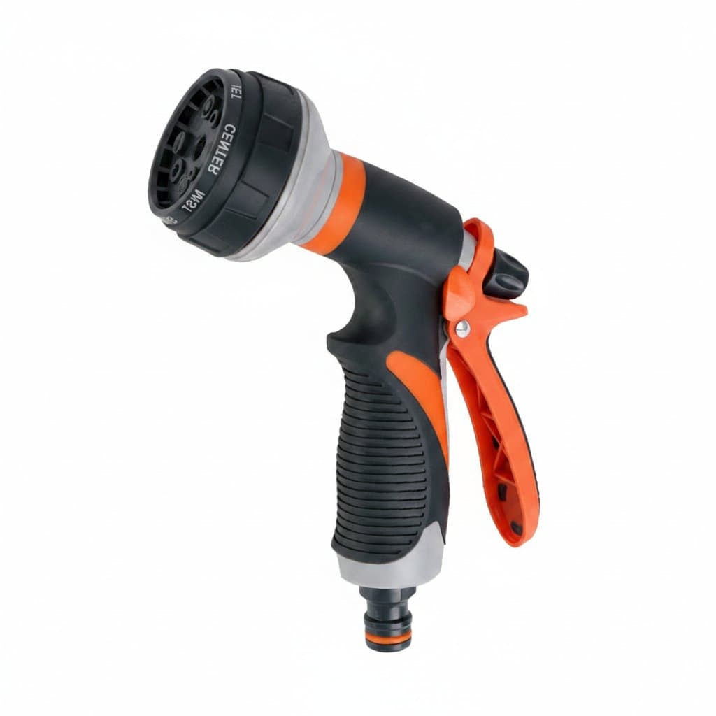 Multifunction high-pressure water hose nozzle with 8 spray modes for lawn watering, garden care, and car washing.