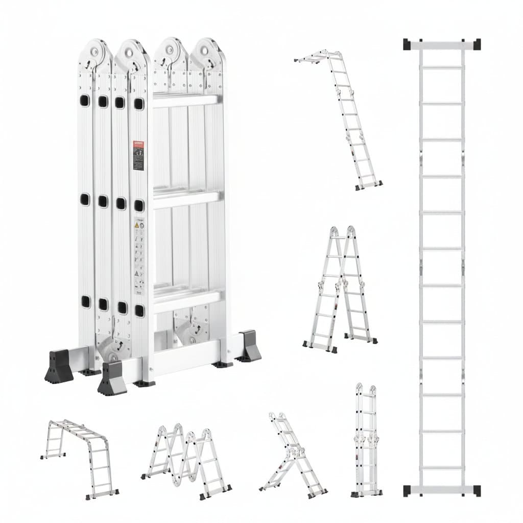 SucceBuy 7-in-1 multi-purpose folding ladder, a tall step and A-frame ladder that is adjustable and telescoping for household and outdoor work.