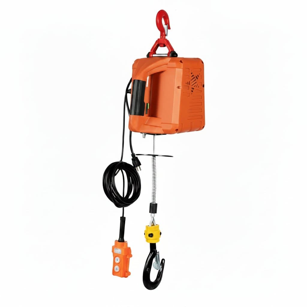 Electric hoist winch with 1100lb capacity and wireless remote control, a 1500W crane machine for industrial lifting in warehouses.