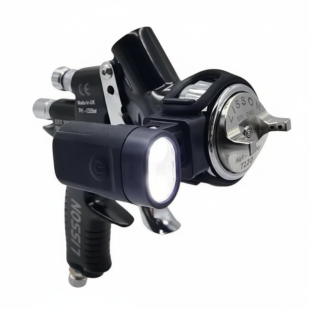Upgraded universal spray gun light with two adjustable straps, providing bright illumination for detailed painting work in low-light conditions.