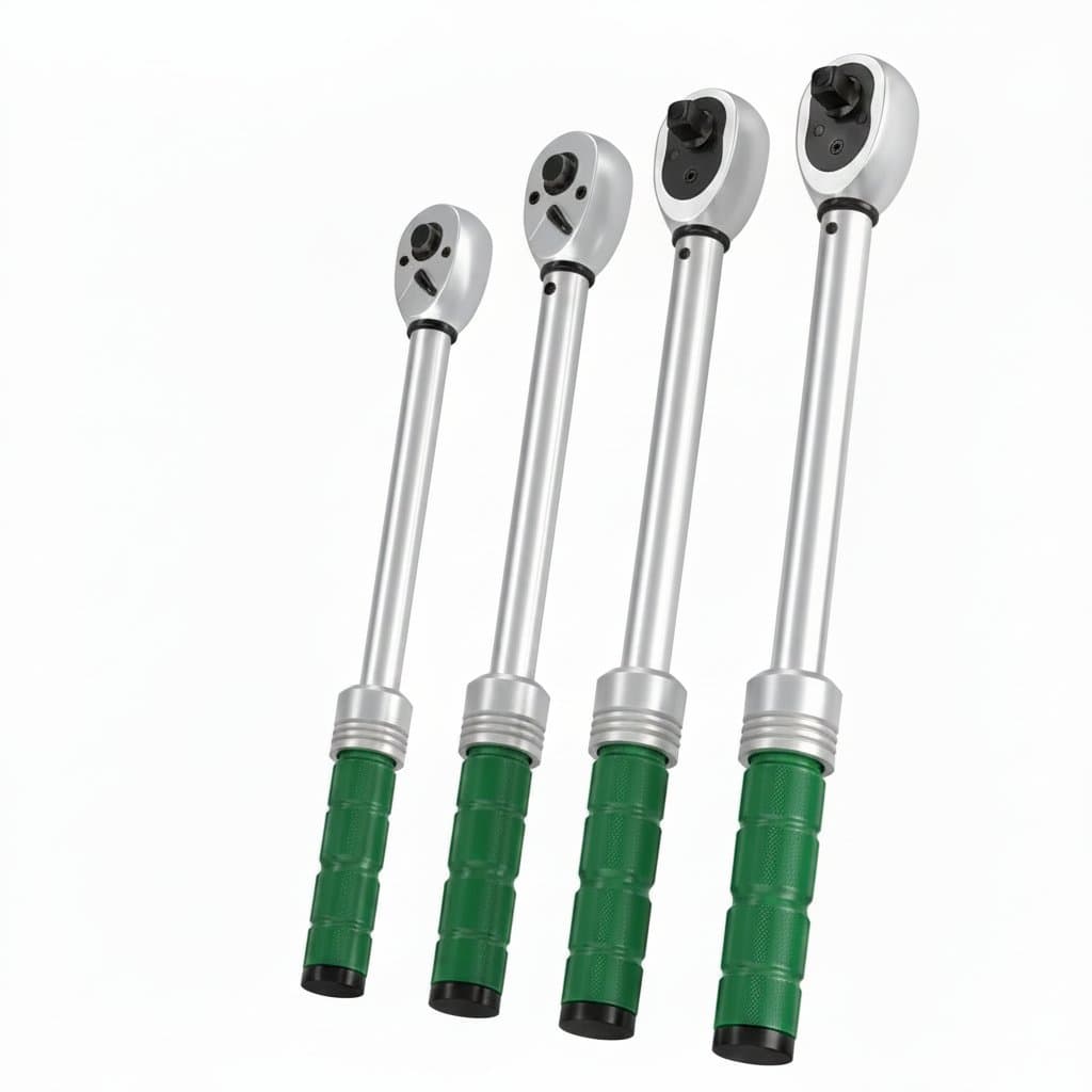A professional spark plug torque wrench set with 1/4, 3/8, and 1/2 inch square heads, ensuring high accuracy.