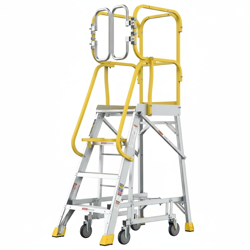 Aluminum rolling platform ladder with a large non-slip work platform and 170 kg capacity, mobile for warehouse use.