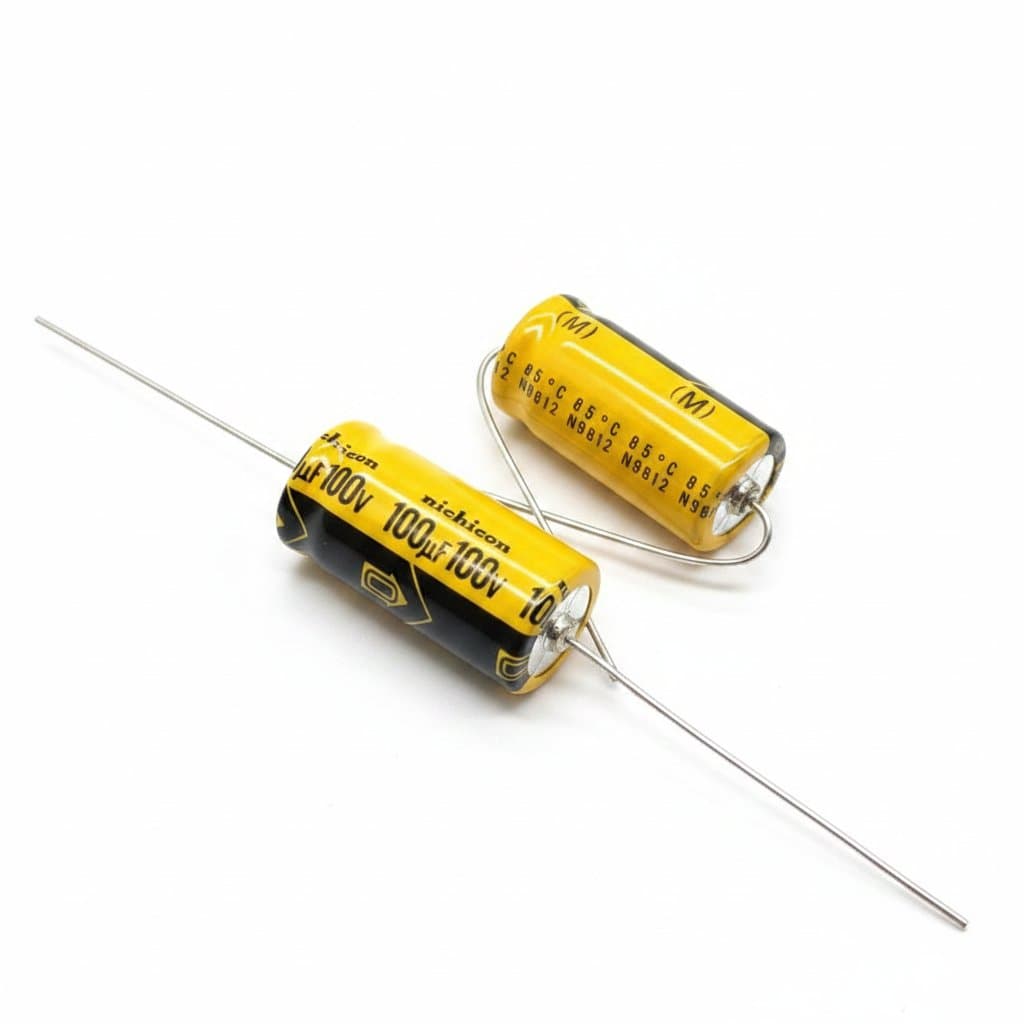 Nichicon 100uf 100v axial electrolytic capacitor for audio circuits, 13x26mm size, 5-piece lot on white background.