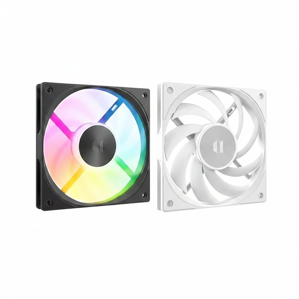 UPSIREN UL-12015 12CM slim PWM ARGB cooling fan in black, showing its 15mm thin profile and illuminated blades for PC case or radiator.