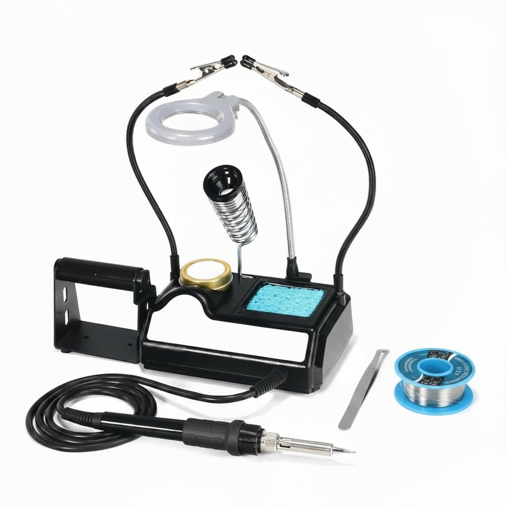 WEP 927 digital soldering iron station with magnifier lamp, featuring a precise temperature control display for electronics repair.