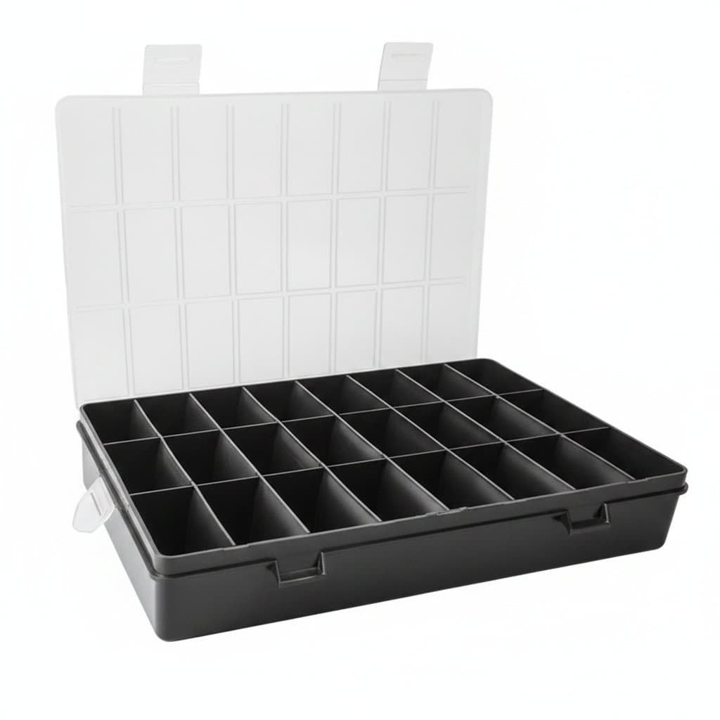 24-grid compartment plastic storage box with clear lid, ideal for organizing jewelry, beads, screws, and small craft supplies at home.