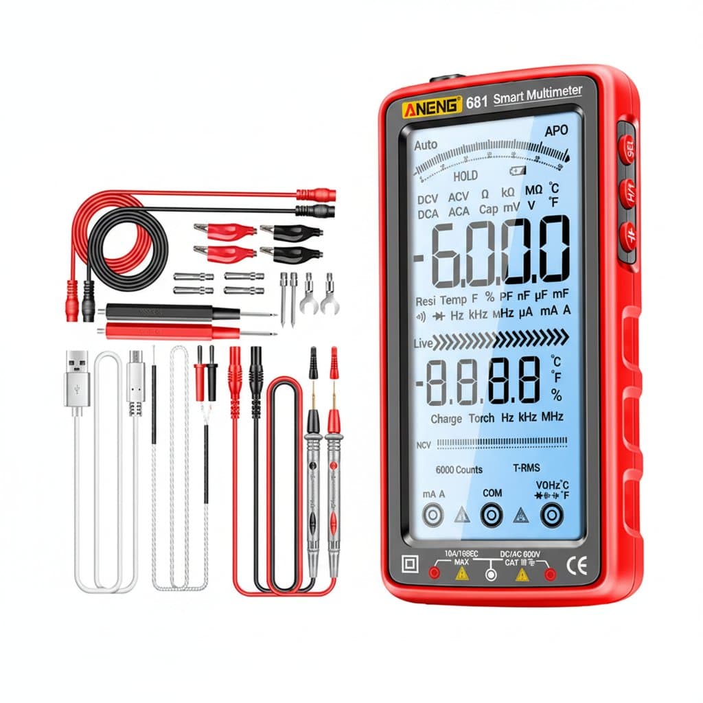 ANENG 681 professional digital multimeter with large LCD screen, rechargeable battery, and non-contact voltage tester pen.