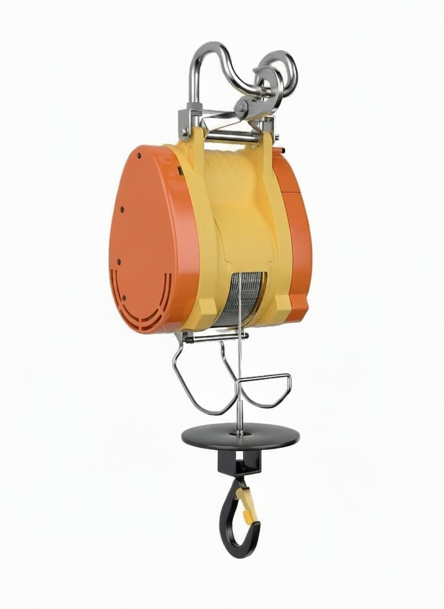 300kg 360kg portable electric hoist with durable cable winch, compact yellow design for high-efficiency material lifting and workshop use.
