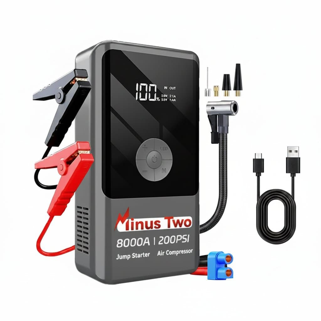 High-capacity car emergency jump starter with built-in tire inflator, a portable wireless electric air pump, and jumper cables for car.