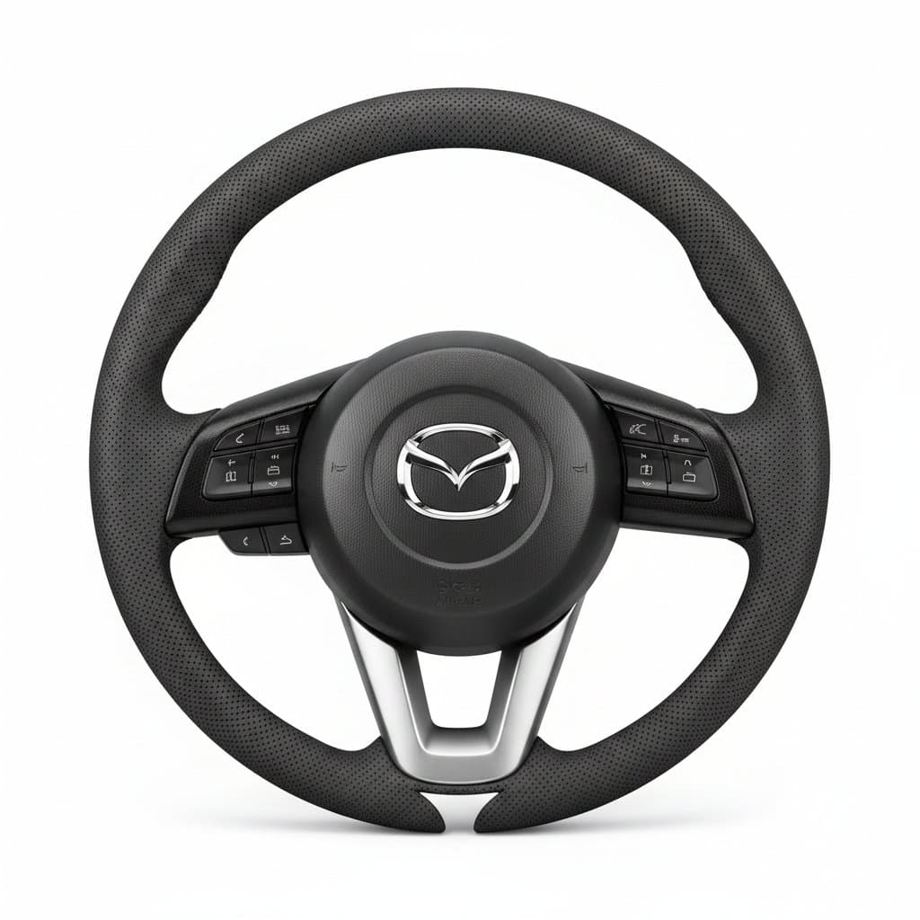 A snap-on leather steering wheel cover for Mazda 3, 5, 6, Axela, Atenza, and other models, offering a custom fit.