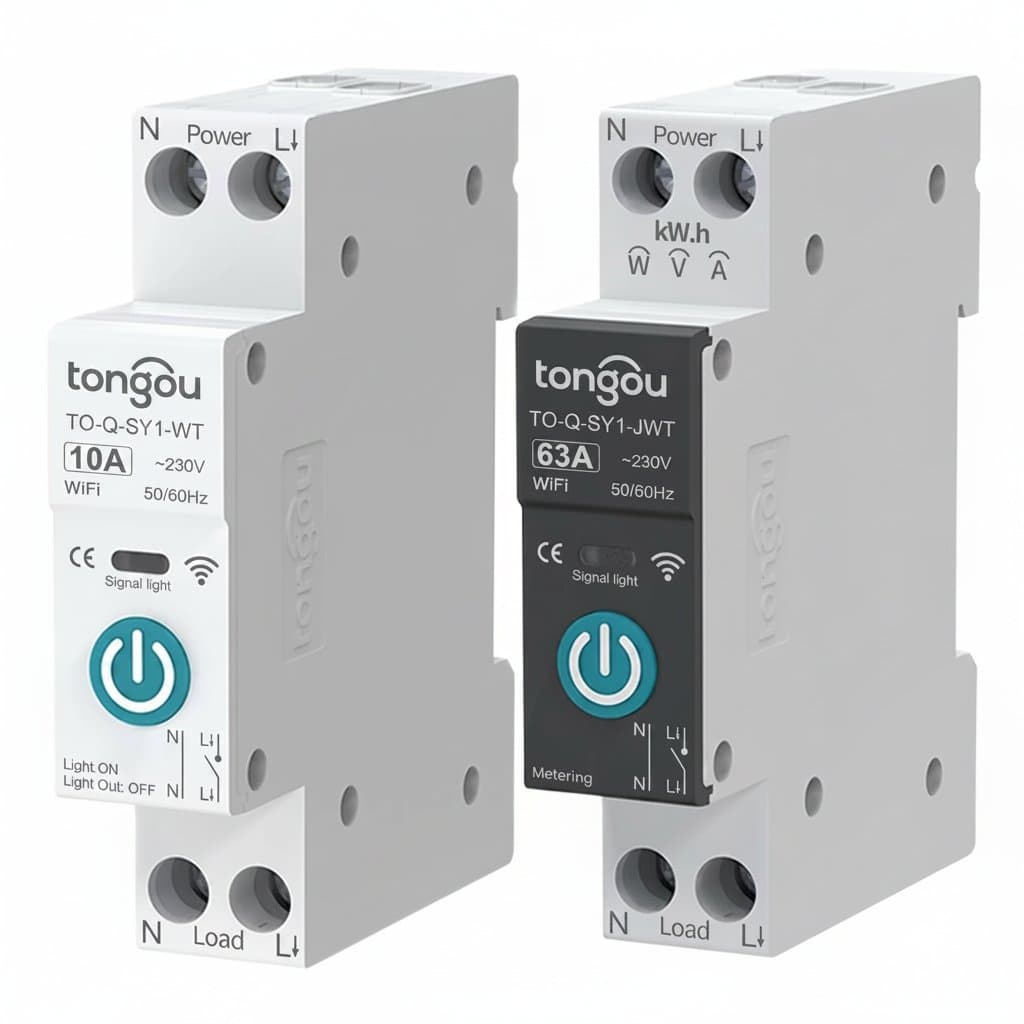 Tuya smart wifi circuit breaker with energy monitoring, 1-pole 63A DIN rail mount for home automation and remote app control.