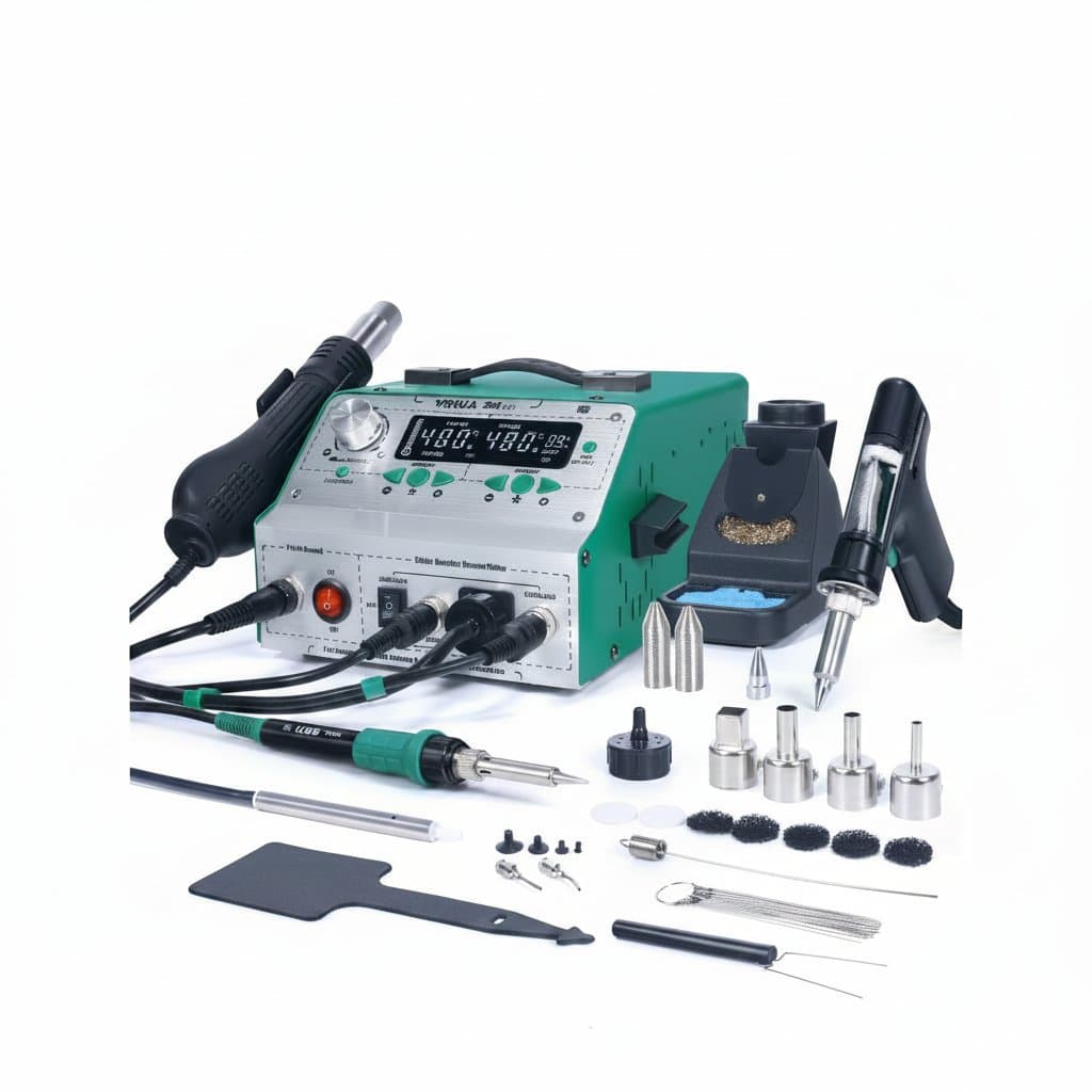 YIHUA 948-II 4-in-1 intelligent soldering station featuring a desoldering gun, hot air gun, soldering iron, and suction pen on a clean workbench.