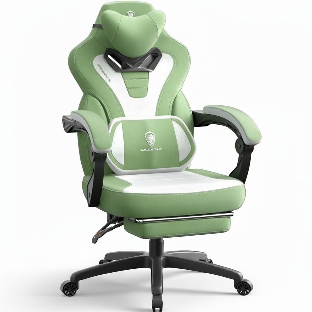 Fabric gaming chair with retractable footrest, designed for big and tall users with high weight capacity and ergonomic support.