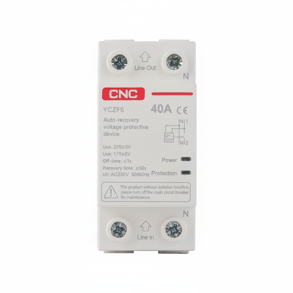 CNC YCZF6 1P+N AC 230V Din Rail self-recovery overvoltage and undervoltage protector mounted on a rail.