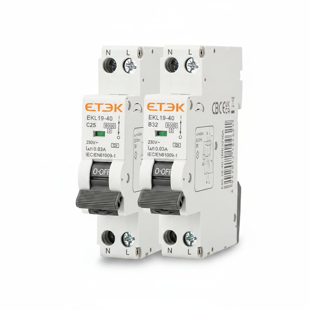 ETEK EKL9-40 RCBO Type A circuit breaker with 6kA breaking capacity, 16A or 20A rating, and 30mA leakage protection for electrical safety.