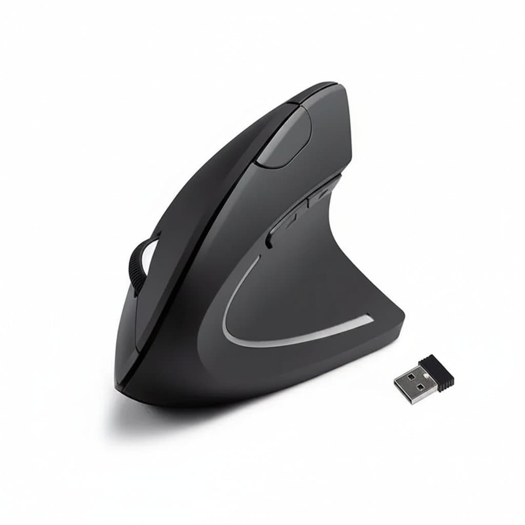 Ergonomic vertical wireless mouse for laptop and desktop, featuring 2.4GHz connectivity, 3 adjustable DPI settings, and 6 programmable buttons.
